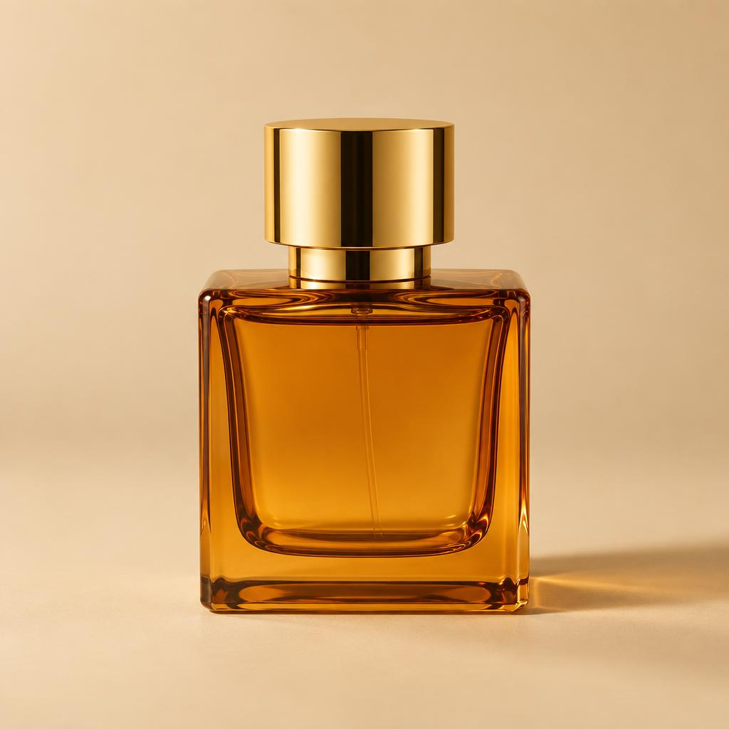 Square amber glass bottle of Ambre Dorée Eau de Parfum with polished gold cap