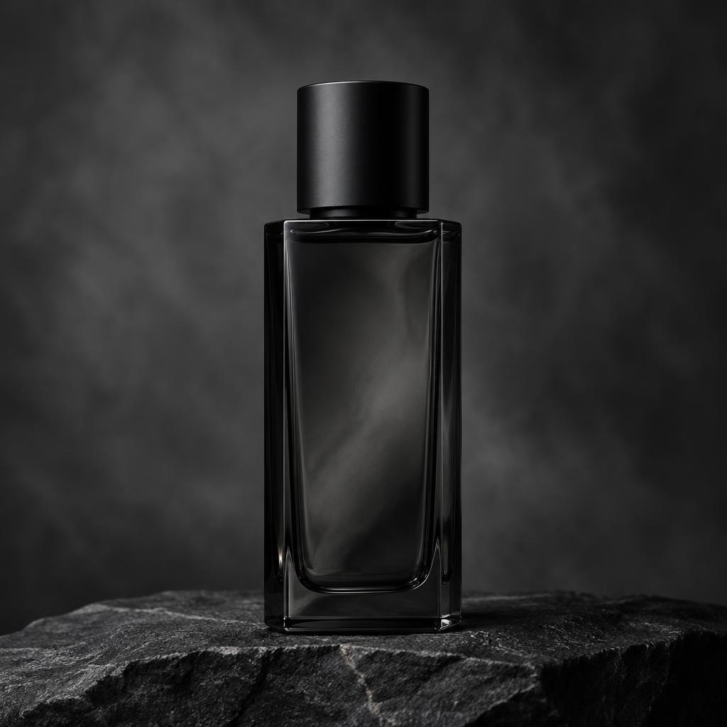 Black glass cologne bottle on stone