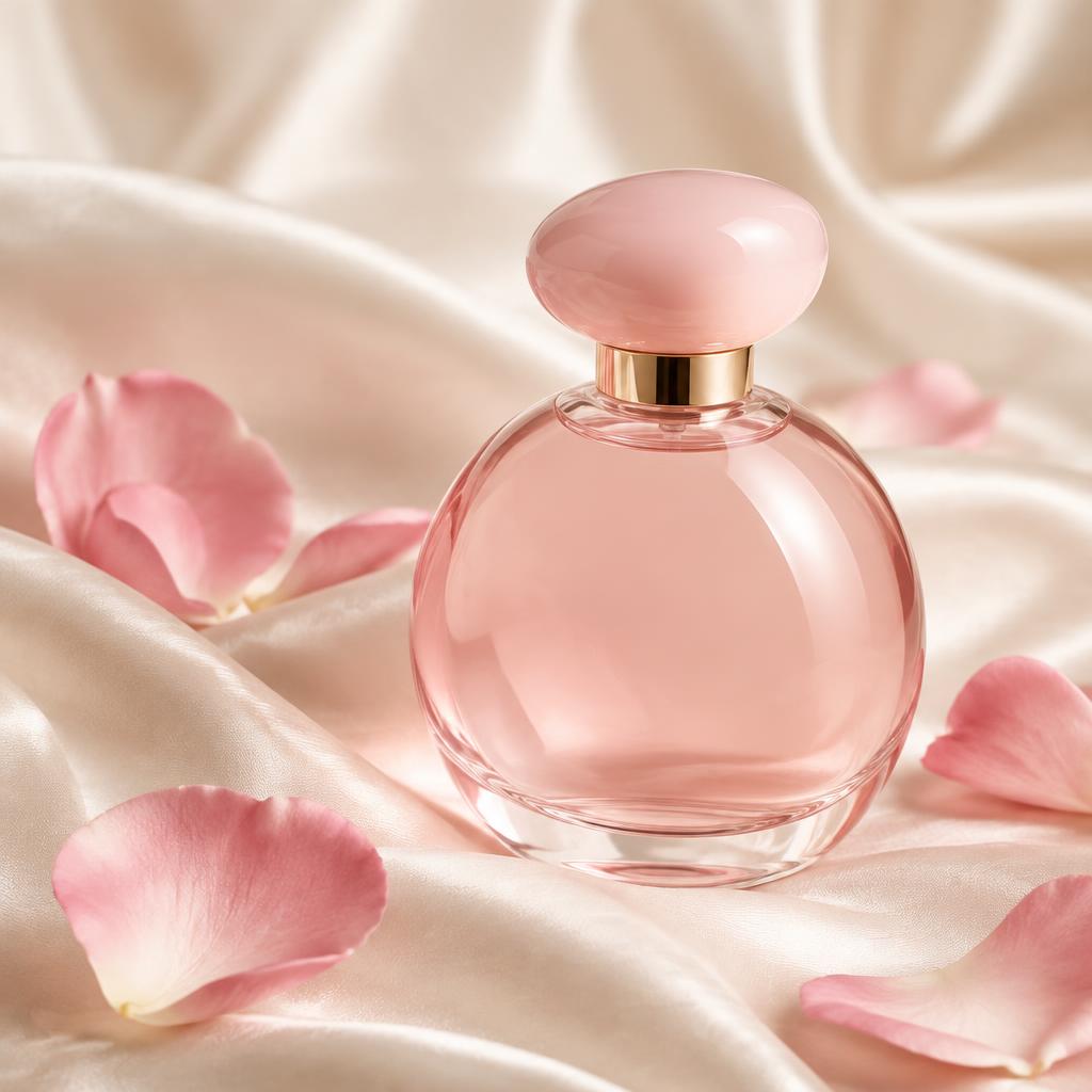 Pink rose perfume bottle on silk