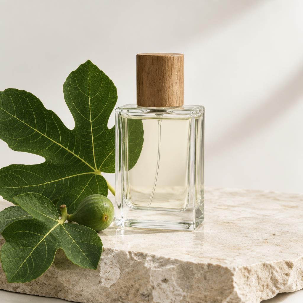 Clear fig perfume bottle with leaves