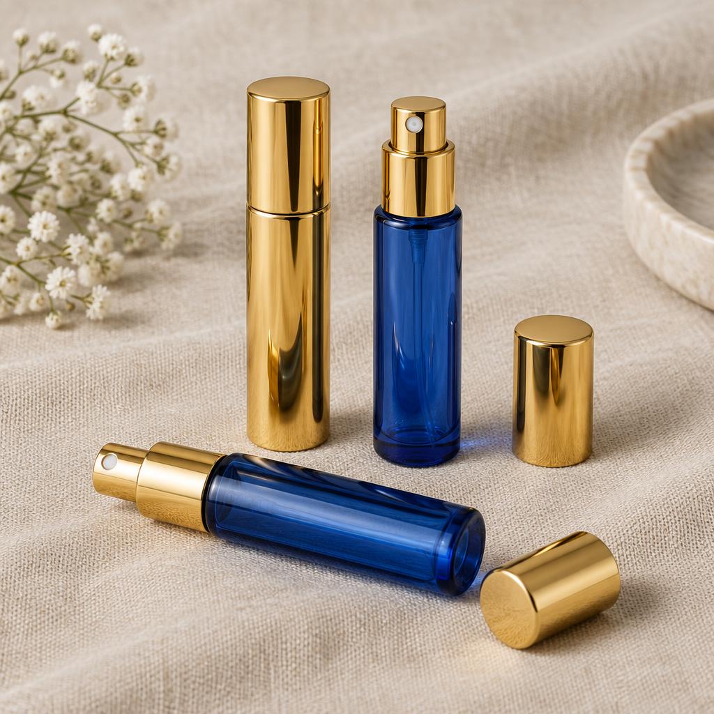 Three refillable travel-size perfume atomizers in gold and cobalt glass on linen